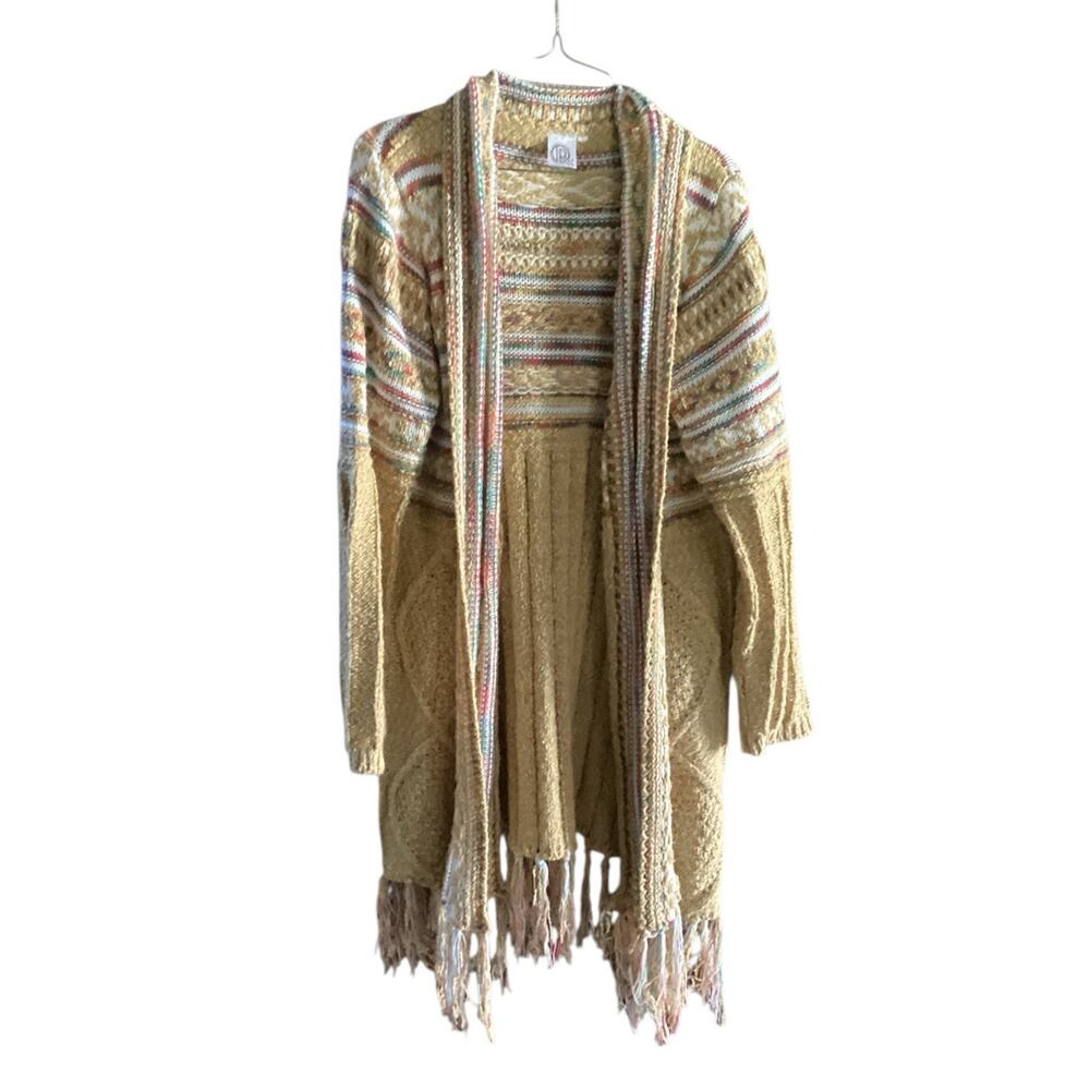 R Brand Knit Open Cardigan Long with Fringes Vintage No Size 21" Pit to Pit - L